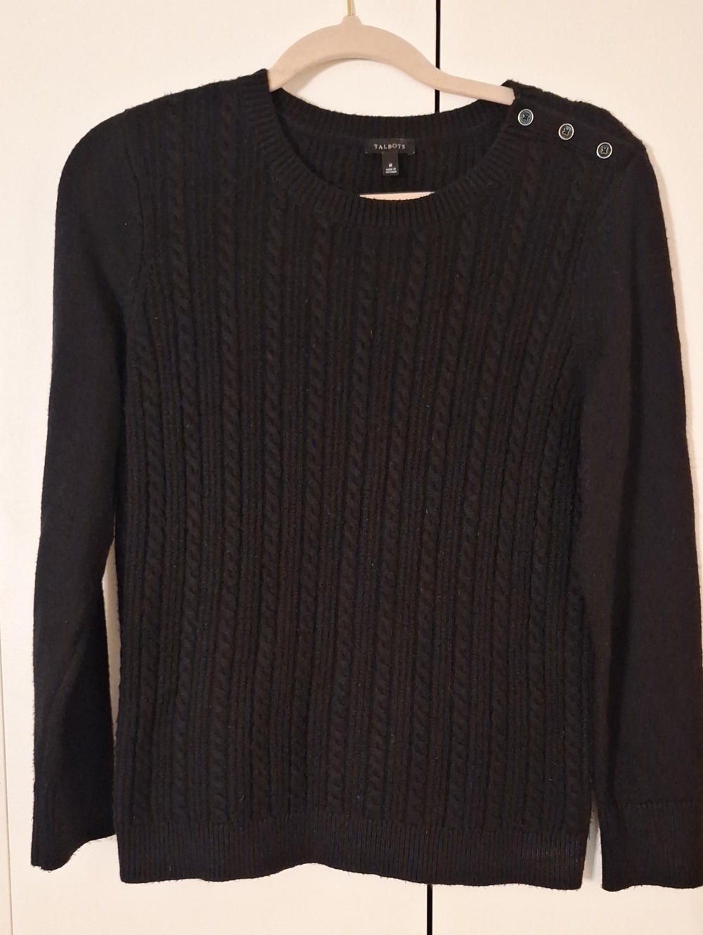 Talbots Black Cable-Knit Crewneck Sweater with Shoulder Buttons